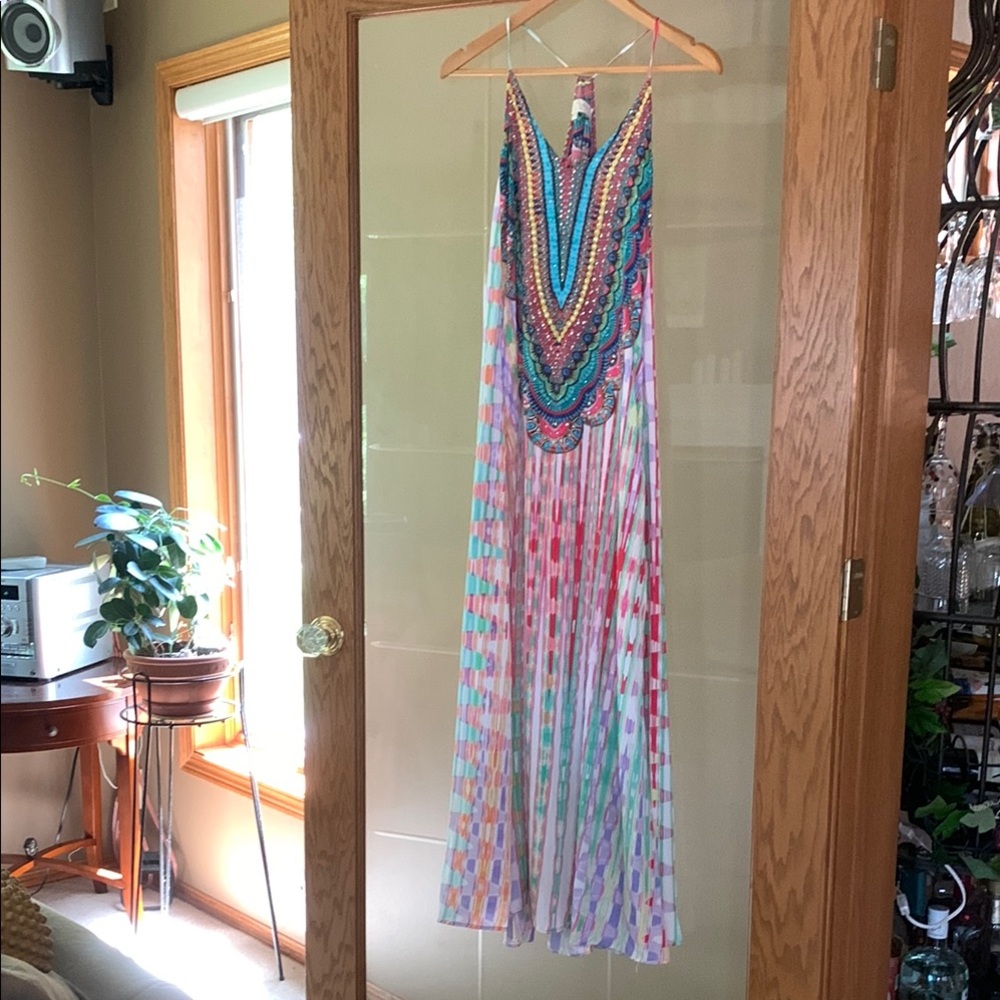 True Colours Colorful Maxi Beach Coverup with Intricate Neckline